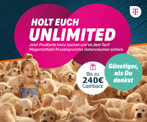 Schließe jetzt einen MagentaMobil Tarif ab und sichere Dir unendliches Datenvolumen ab dem M Tarif! Hinweis auf bis zu 240 Euro Cashback.