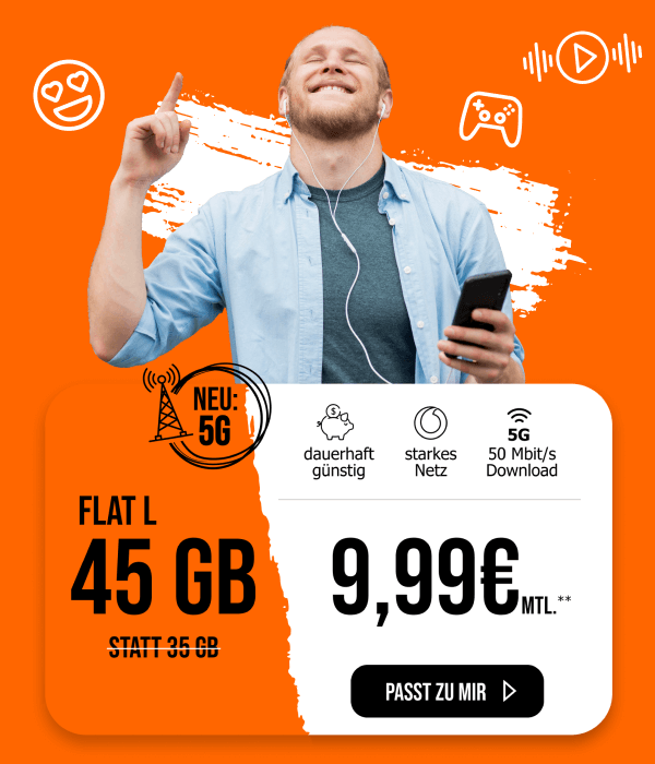 Sichere Dir den Allmobil L Tarif. 45 Gigabyte für nur 9,99€ monatlich.