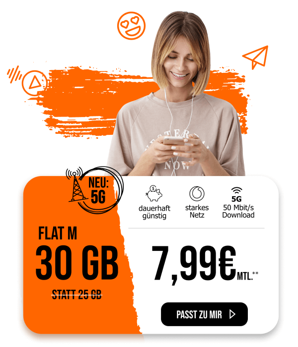 Sichere Dir den Allmobil M Tarif. 30 Gigabyte für nur 7,99€ monatlich.