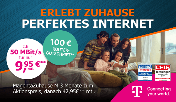 Telekom-Werbung für Internet: 50 MBit/s für 9,95 Euro monatlich, danach 42,95 Euro. Zusätzlich 100 Euro Router-Gutschrift.