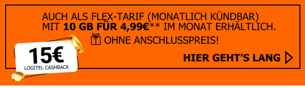 Sichere Dir den Allmobil S Tarif in der Flex-Variante. Monatlich kündbare 10 Gigabyte für nur 4,99 Euro mit 15 Euro Cashback.
