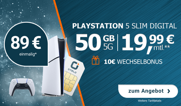 Werbebanner: PlayStation 5 Slim Digital mit Otelo-Tarif, 50 GB 5G für 19,99 Euro monatlich, 89 Euro einmalig, 10 Euro Wechselbonus.