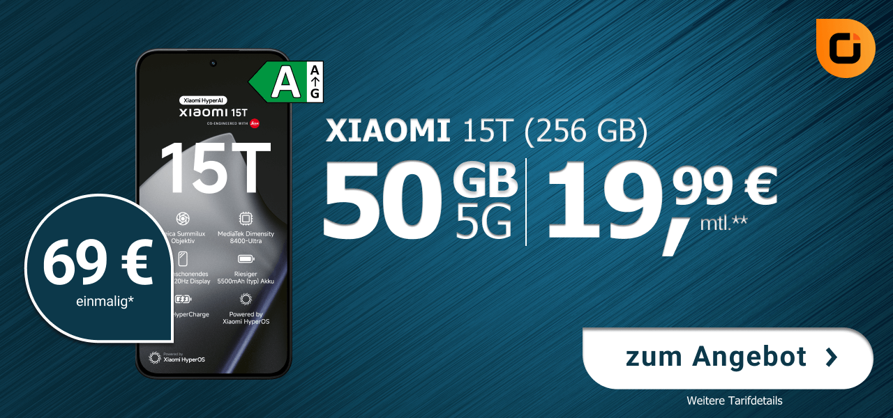 Angebot mit dem neuen Xiaomi 15T und 50 Gigabyte bei der Otelo für nur 19,99 Euro monatlich!