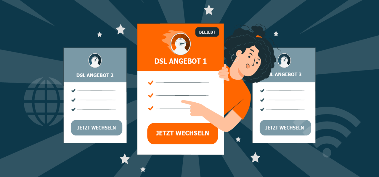 Eine Frau zeigt auf eine Kachel mit einem DSL-Angebot und hebt damit dieses Angebot hervor