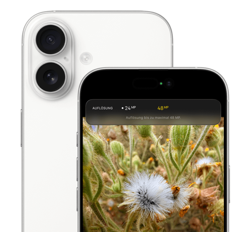 Phone 17 mit Dual-Kamera in Weiß, auf dem Display eine Nahaufnahme von Pflanzen mit Blüten zu sehen; oben wird die wählbare Fotoauflösung von 24 bis 48 Megapixel angezeigt.