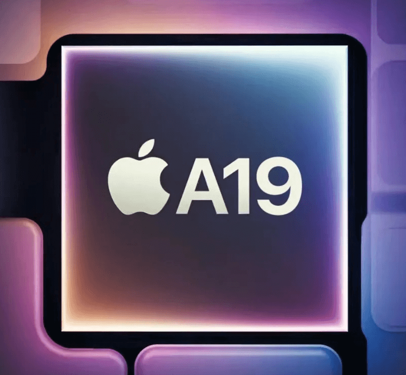 Grafische Darstellung des Apple A19 Chips mit leuchtendem Rahmen und Apple-Logo.