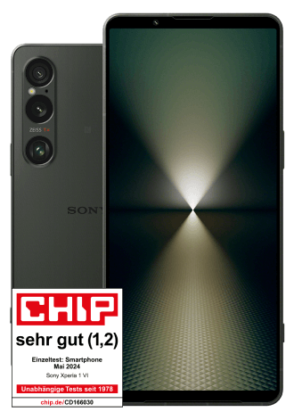 Die Vorderseite des Sony Xperia 1 VI wird gezeigt. Daneben ist eine Bewertung von Chip zu sehen die für das Gerät die Note 1,2 geben.